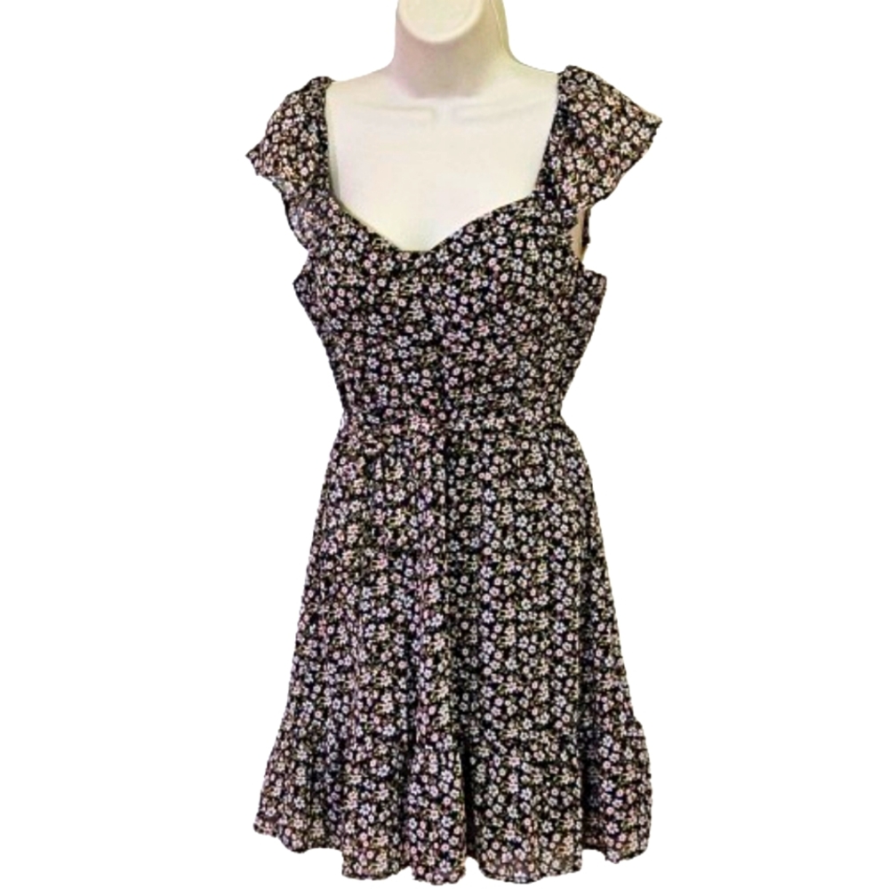 Lily Rose Black Multi-Color Floral Flutter Sleeve Mini Dress, Medium